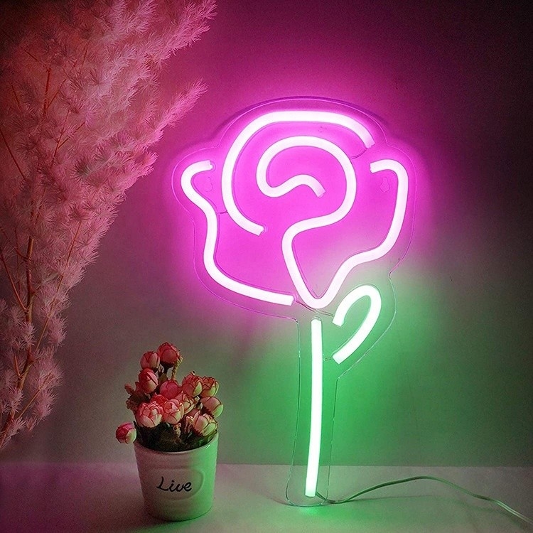 5V Voltage LED Des lumières de fleurs Rose Neon Signe pour la décoration murale de la chambre à coucher Commutateur Décoration de fête