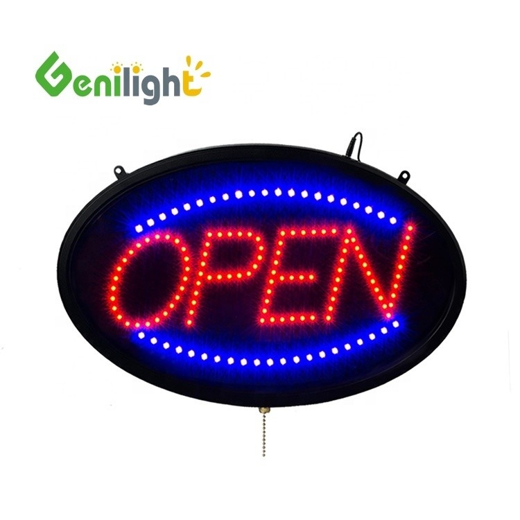 Signes d'ouverture à LED avec options ON/OFF et clignotant en forme ovale brillante 58*36 Taille du panneau